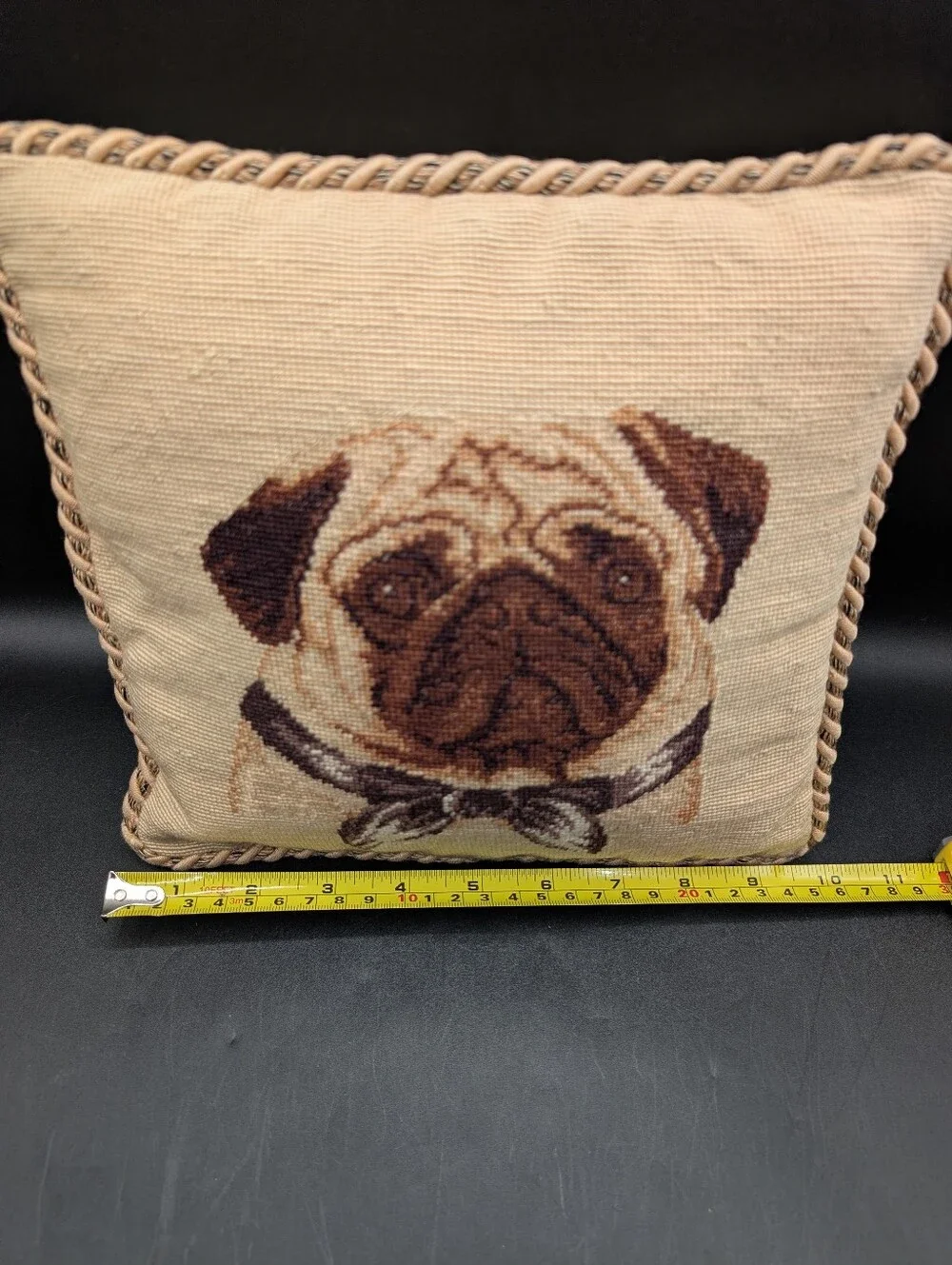 Vintage Needlepoint Pug Pillow By Loié, Velvet Back, Small 10